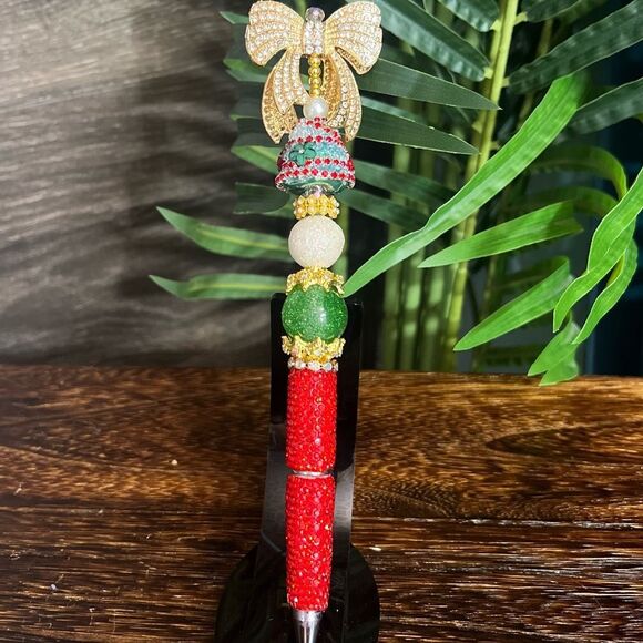 Christmas Hand-Made Custom Extended Beaded Pen with Large Fancy Bow. Rhinestone. - Picture 2 of 10